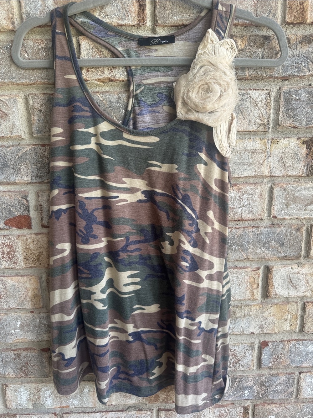 Camo Scoop Neck Tank with Lace Flower Accent - Olive/Brown